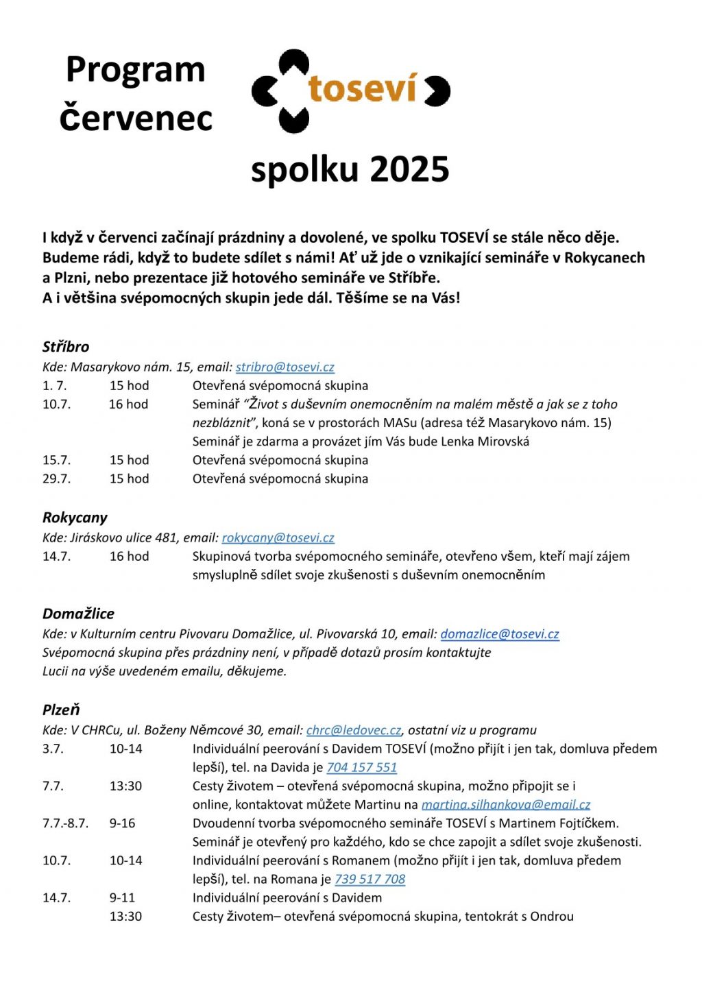 Program TOSEVÍ na červenec 2025